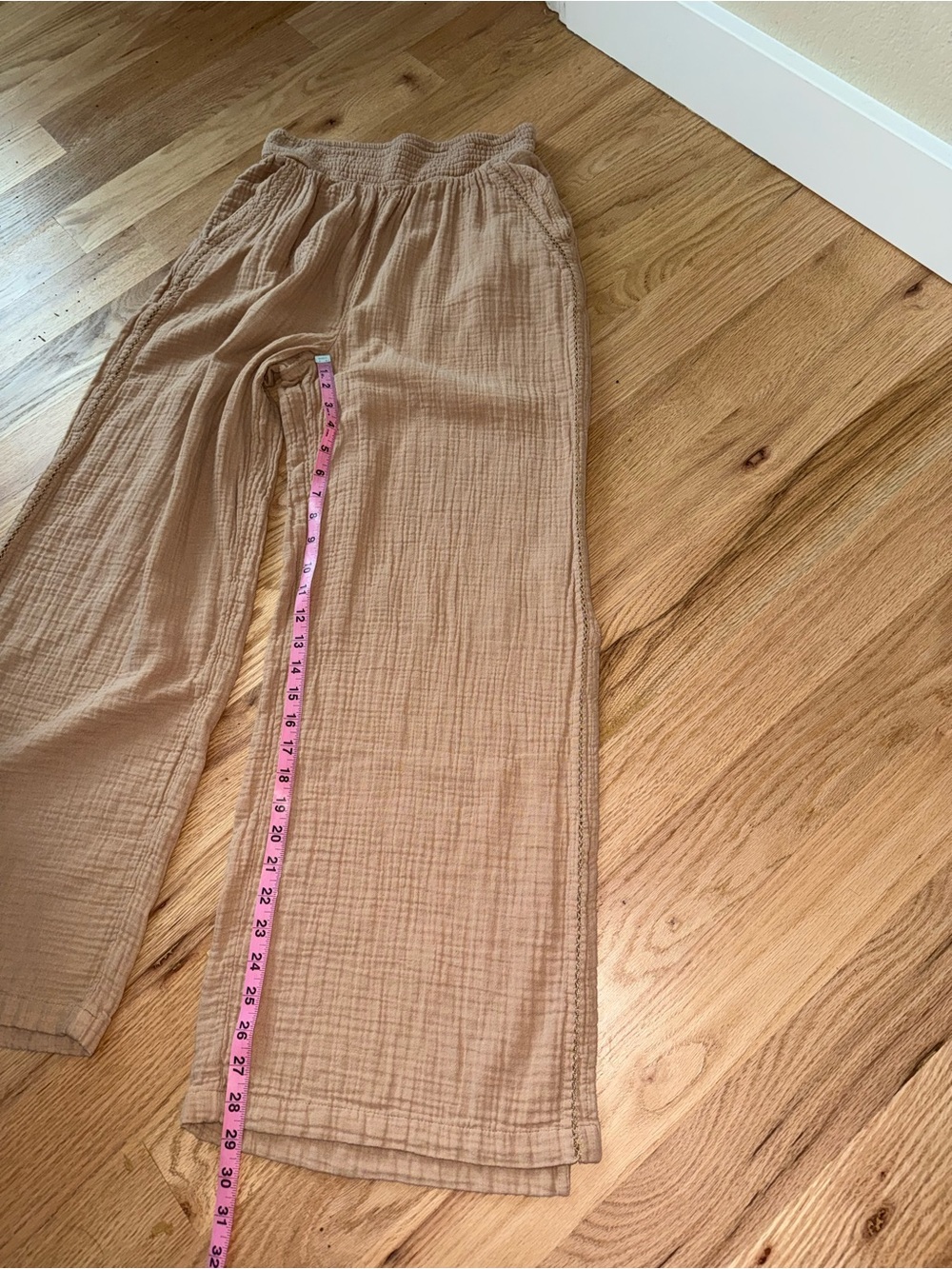 Aerie 100% Cotton Gauze Wide Leg Pants Elastic Waist Bottom Slit Tan Comfy M - Picture 5 of 9